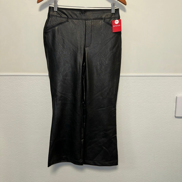 Spanx Pants - Spanx Pants Womens M Black Faux Leather Flare Leg Pull On Lined Stretch Shaping